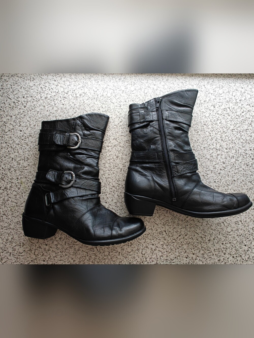 Romika Sz 8 US Black Leather Mid Ankle Boots Buckles German Comfort EUC